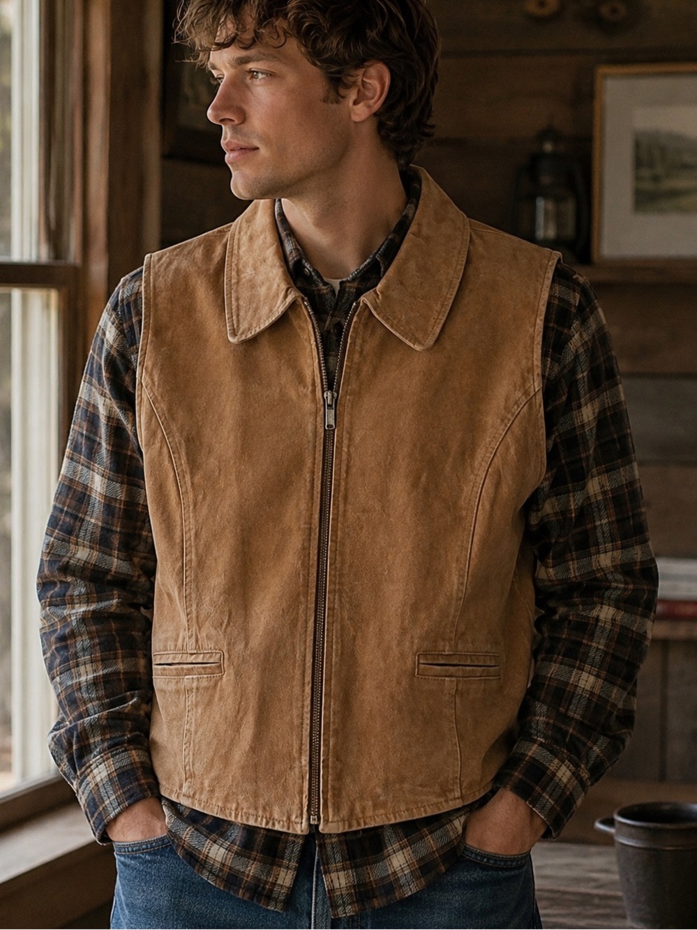 Hunt Club Suede Zip-Front Vest in Tan